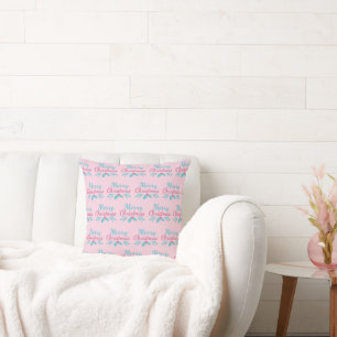 Turquoise Merry Christmas Pastel Pink Festive Gift Cushion