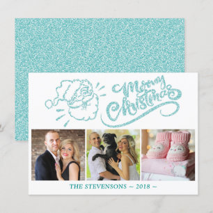 Turquoise Merry Christmas Santa Modern 3 Photo Holiday Card