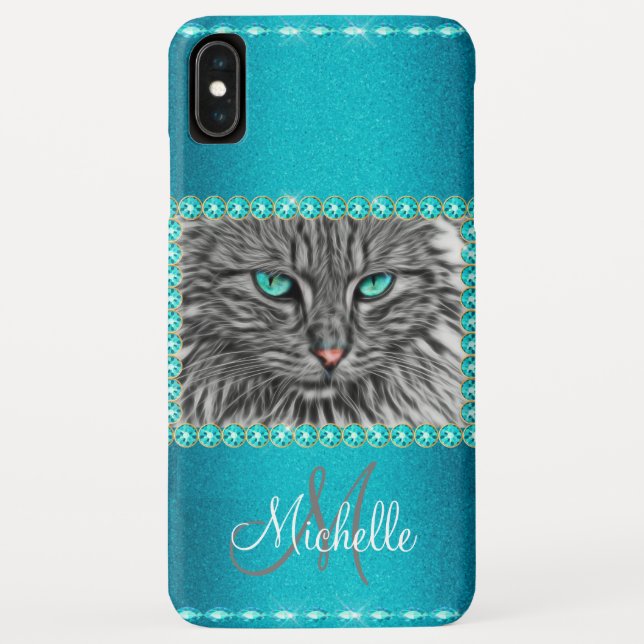 Turquoise Metallic Cat, Rhinestones Personalised Case-Mate iPhone Case (Back)