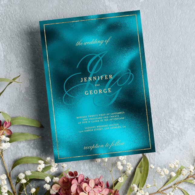 Turquoise metallic monogram initials wedding invitation (Turquoise metallic monogram initials wedding)