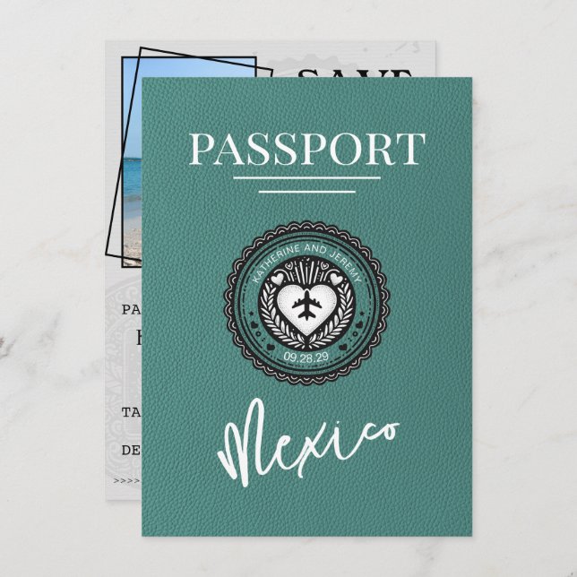 Turquoise Mexico Passport Save The Date (Front/Back)