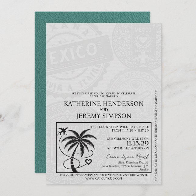 Turquoise Mexico Passport Wedding Invitation (Front/Back)