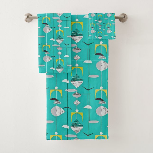 Turquoise Mid Century Modern Boomerang Abstract Bath Towel Set (Insitu)