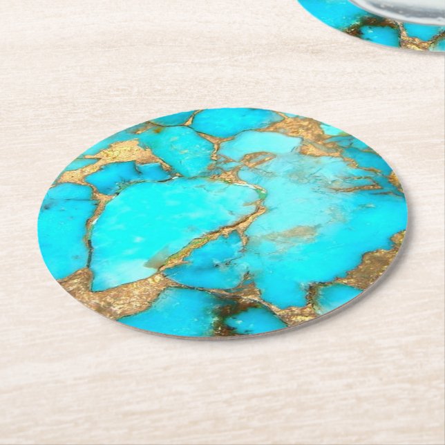 turquoise mineral round paper coaster (Angled)