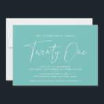 Turquoise | Minimalist Aqua Blue 21st Birthday Invitation<br><div class="desc">Modern 21st birthday invitations with "twenty one" in a handwritten script. Simple,  text-only design with white font on vibrant blue-green background.</div>