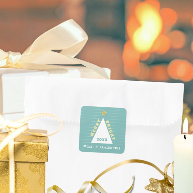 Turquoise Minimalist Christmas Tree Name Square Sticker (Modern Minimalist Christmas Tree Square Sticker ©Susanne Sachers - Sunny Mind 🌞)