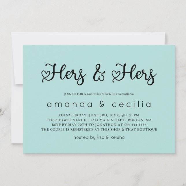 Turquoise Minimalist Hers & Hers Couple's Shower Invitation (Front)