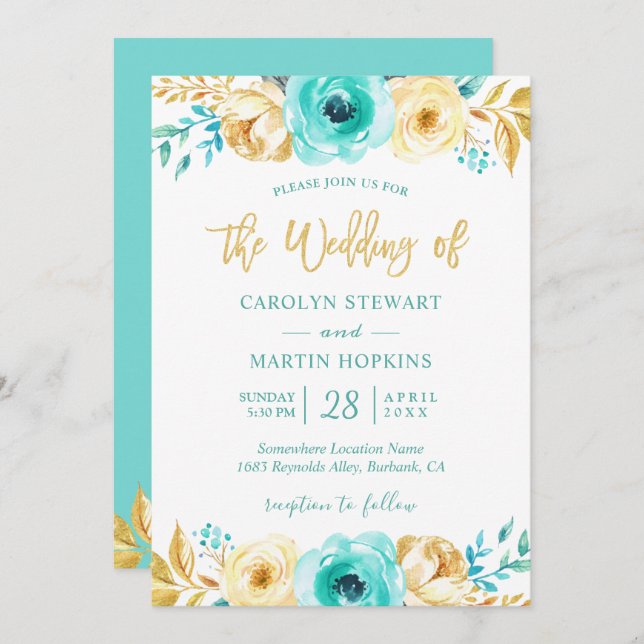 Turquoise Mint Gold Floral Romantic Chic Wedding Invitation (Front/Back)