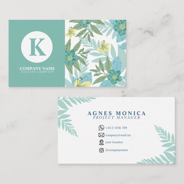 Turquoise Modern Floral Business Card (Front/Back)