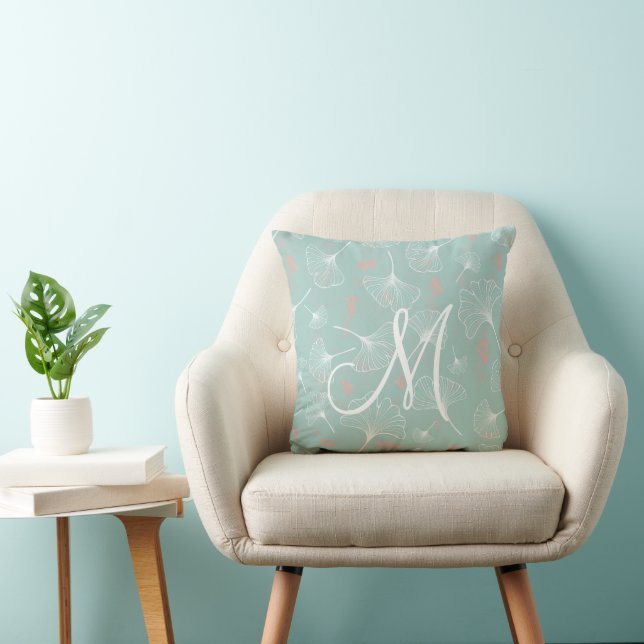 Turquoise Modern Ginkgo Monogram Throw Pillow (Chair)