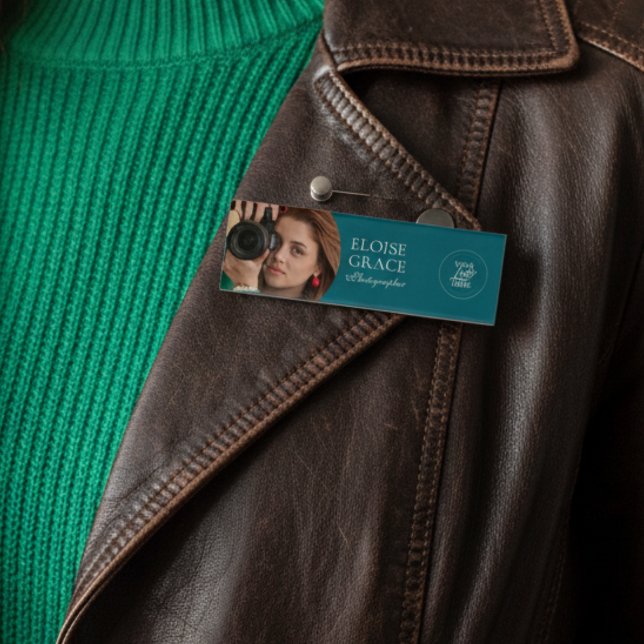 Turquoise Modern Logo Photo Photographer Name Tag (This modern business name tag features a headshot photo and logo.)