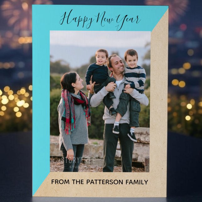 Turquoise Modern Slant New Year's Photo Flat Card (Turquoise Modern Slant New Years Photo Card)