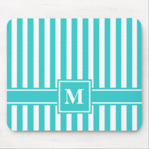Turquoise Modern Stripe with Monogram Mouse Pad