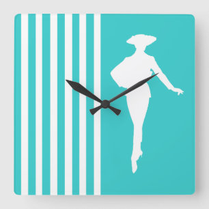 Turquoise Modern Stripes with Fashion Silhouette Square Wall Clock