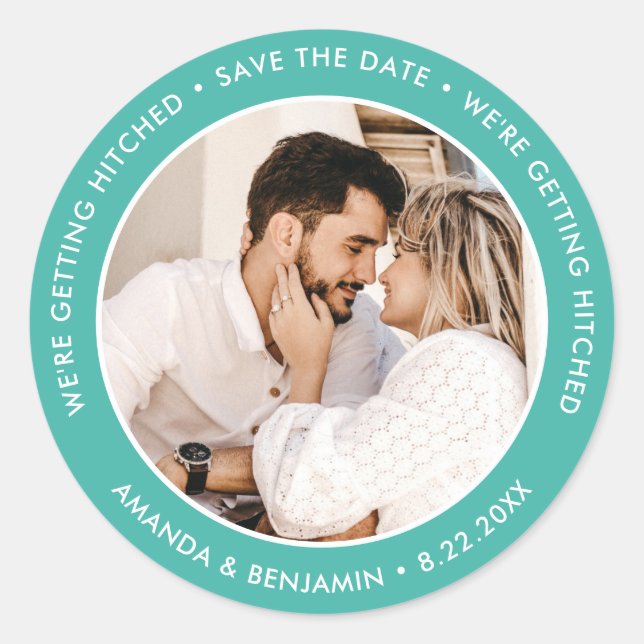 Turquoise Modern Wedding Photo Save The Date Classic Round Sticker (Front)