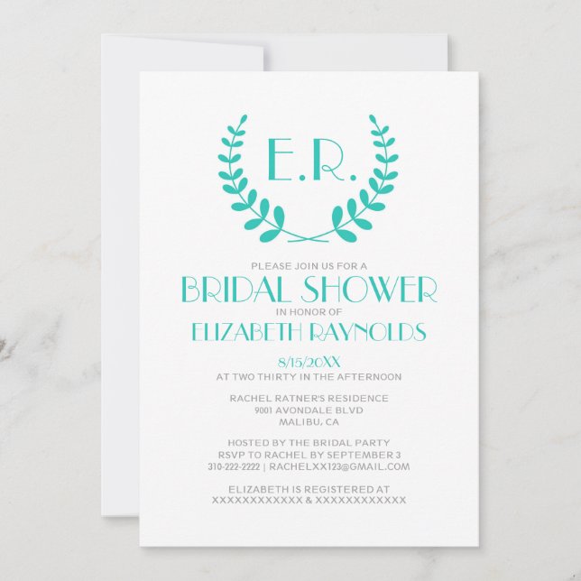 Turquoise Monogram Bridal Shower Invitations (Front)