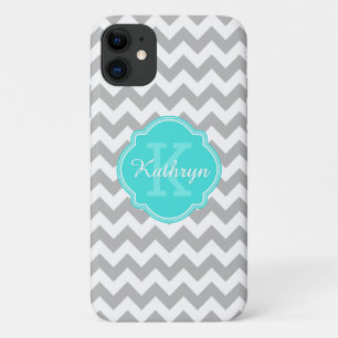 Turquoise Monogram Grey Chevron Pattern Case-Mate iPhone Case