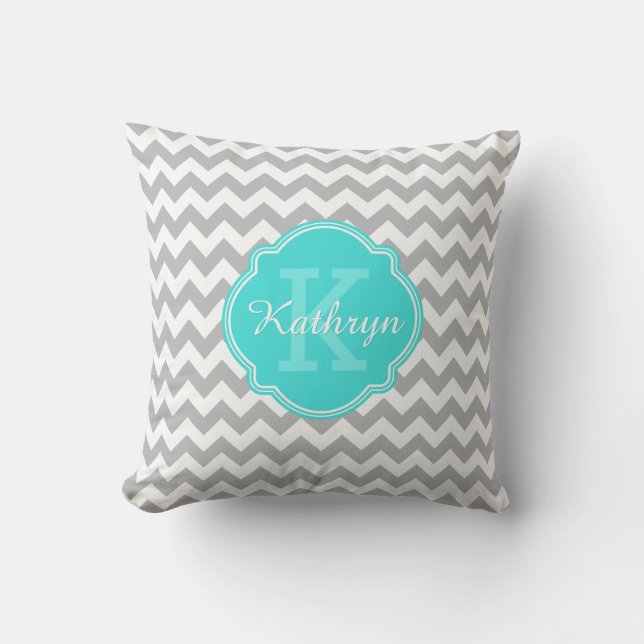 Turquoise Monogram Grey Chevron Pattern Cushion (Front)