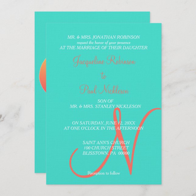 Turquoise Monogram Hearts Invitation (Front/Back)