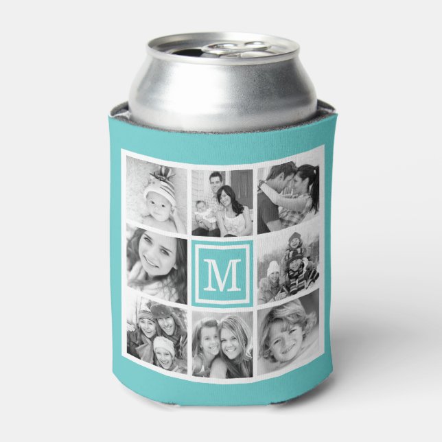 Turquoise Monogram Instagram Photo Collage Can Cooler (Can Front)