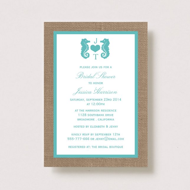 Turquoise Monogram Seahorse Beach Bridal Shower Invitation (Creator Uploaded)