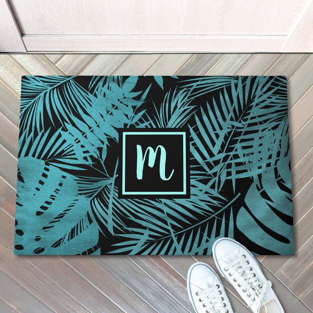 Turquoise monogram tropical palm pattern modern doormat (Creator Uploaded)