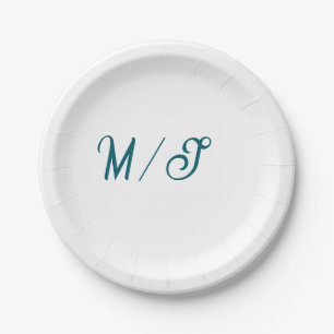 Turquoise monogram wedding couple name simple styl paper plate