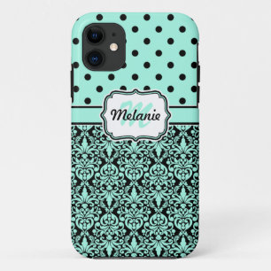 Turquoise Monogrammed Damask Polka Dots Pattern Case-Mate iPhone Case