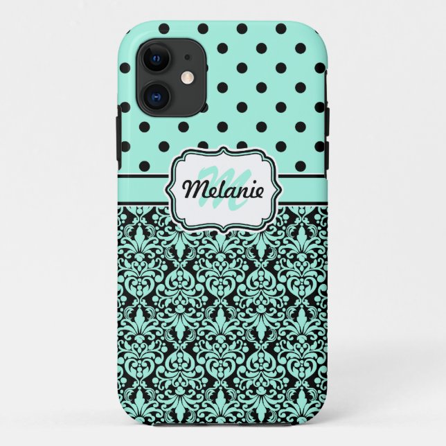 Turquoise Monogrammed Damask Polka Dots Pattern Case-Mate iPhone Case (Back)