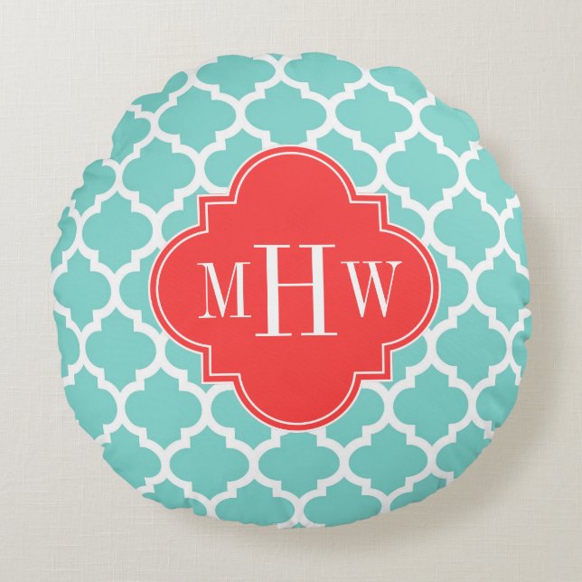 Turquoise Moroccan #5 Coral Red 3 Initial Monogram Round Cushion (Front)