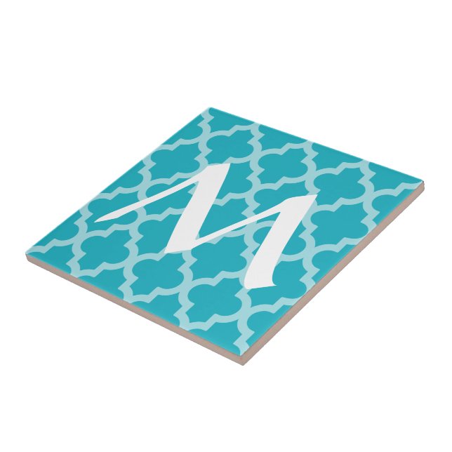 Turquoise Moroccan Moods Quatrefoil with Initial Tile (Side)