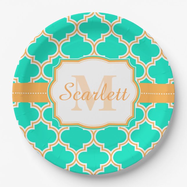 Turquoise Moroccan Quatrefoil Paper Plate (Front)