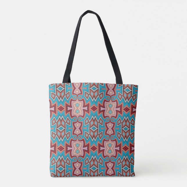Turquoise Multi Tribal Inspired Shapes Tote Bag (Back)