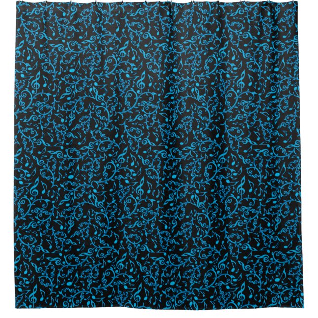 Turquoise Music Notes On Black Shower Curtain (Front)