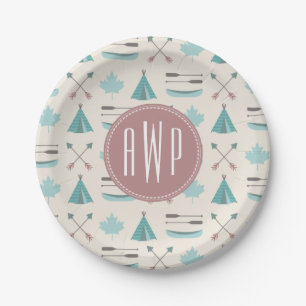 Turquoise Native Tipi Monogram Pattern Paper Plate