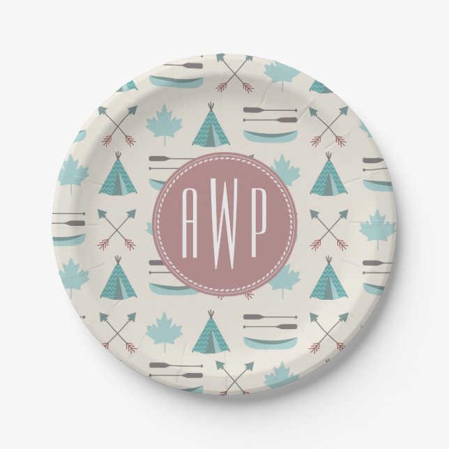 Turquoise Native Tipi Monogram Pattern Paper Plate (Front)
