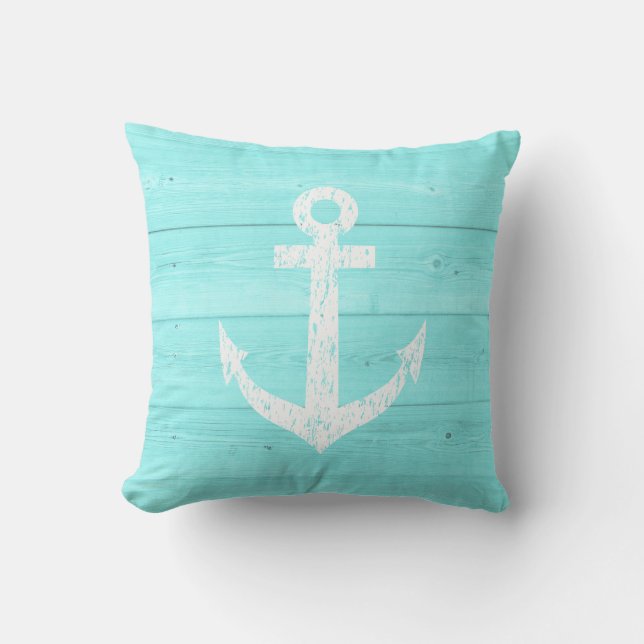 Turquoise nautical anchor outdoor throw pillow (Front)