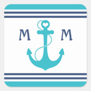 Turquoise Nautical Heart Anchor Square Sticker