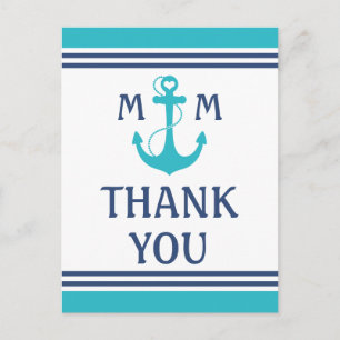Turquoise Nautical Heart Anchor Thank You Postcard