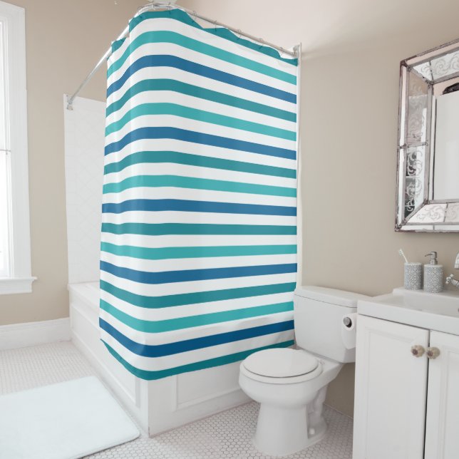 Turquoise Navy Blue and Teal Stripes Pattern Shower Curtain (In Situ)