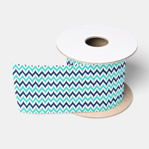 Turquoise, Navy Blue and White Zigzag Ikat Pattern Satin Ribbon