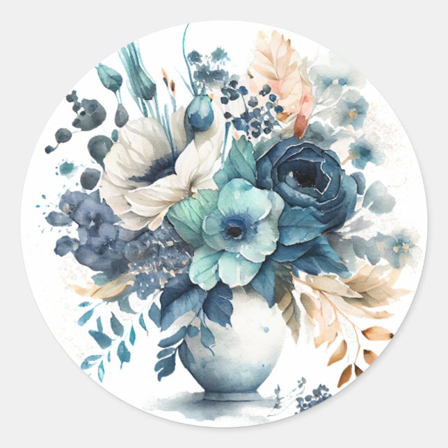 Turquoise Navy Blue Floral Wedding  Classic Round Sticker (Front)