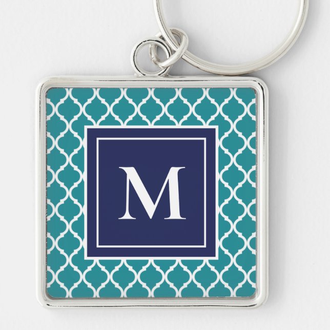 Turquoise Navy Modern Monogram Quatrefoil Coastal Key Ring (Front)