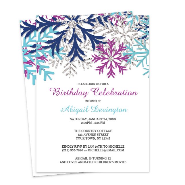 Turquoise Navy Orchid Snowflakes Birthday Invitation (Creator Uploaded)