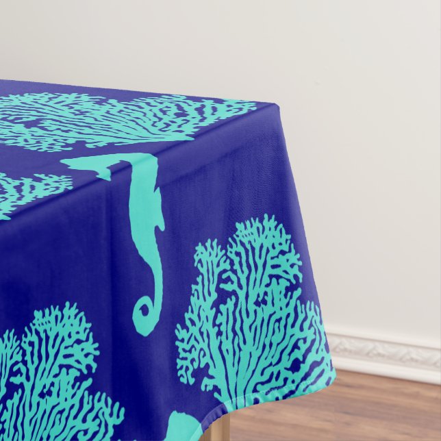 Turquoise Navy Seahorse Coastal Pattern Tablecloth (In Situ)