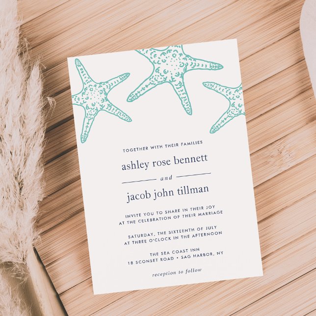 Turquoise & Navy Starfish Wedding Invitation (Creator Uploaded)
