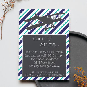 Turquoise Navy Vintage Aeroplane Birthday Invite