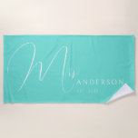 Turquoise Newlyweds Name Personalised Honeymoon Beach Towel<br><div class="desc">Celebrate your love in style with this personalised beach towel for adults, featuring the newlyweds' names in an elegant, modern design. Perfect for a honeymoon beach trip, anniversary getaway, or romantic vacation, this soft and vibrant towel is a must-have for couples who love to travel together. Designed with a turquoise...</div>