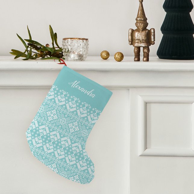 Turquoise Nordic Sweater Pattern Personalised Small Christmas Stocking (Creator Uploaded)