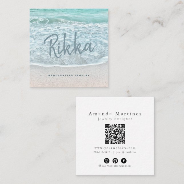 Turquoise Ocean Sandy Beach Handmade Jewelry QR Square Business Card (Front/Back)